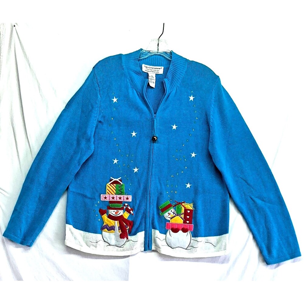 Tiara International Womens XL Blue Knit Full Zip Snowman Christmas Cardigan